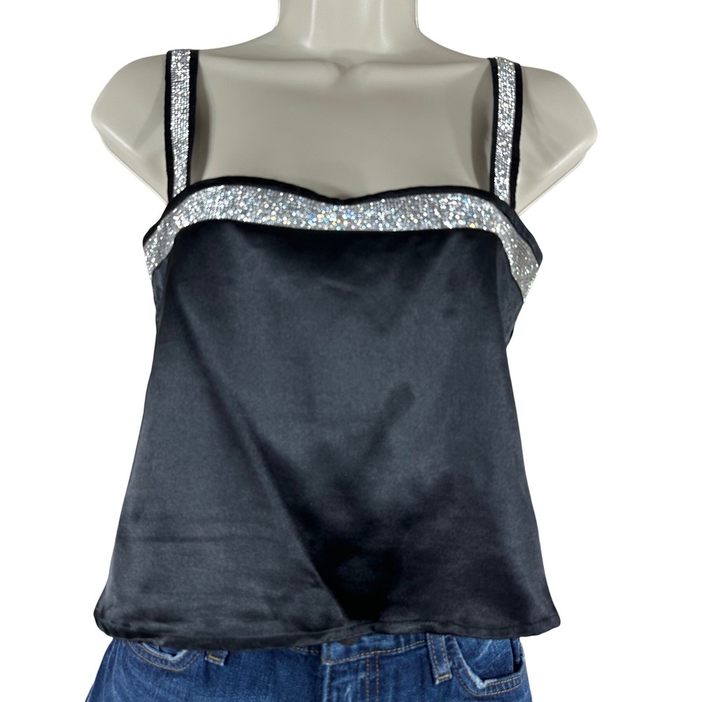 Thirty Thirty LA Black Satin Rhinestone Trim Cami‎ Top Womens Small
